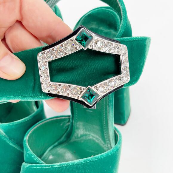 Prada Green Velvet Crystal Strappy Chunky Block Heel Platform Sandal size IT 36 - Picture 7 of 11
